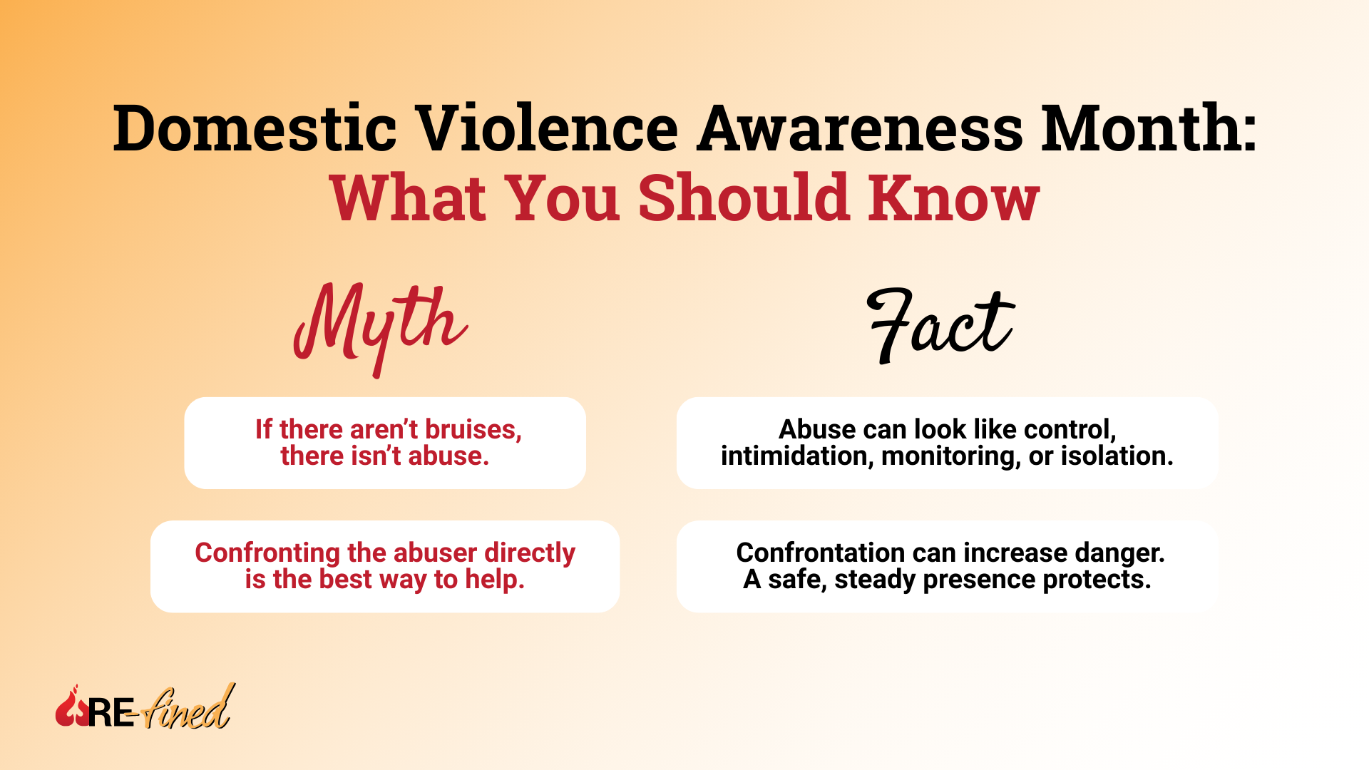 Side-by-side myth versus fact graphic for Domestic Violence Awareness Month explaining that abuse can be control or isolation and that direct confrontation can increase danger.