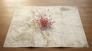  A map of Colorado with red pins clustered around the Denver metro area, symbolizing data on human trafficking case concentration 