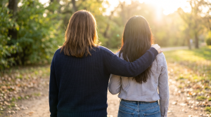 Two women seen from behind walking together on a sunlit park path, one with an arm around the other's shoulder, symbolizing mentorship and community support for survivors
