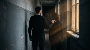 Two silhouetted figures walking down a dim hallway, one resting a hand on the other's shoulder, representing coercive control in human trafficking