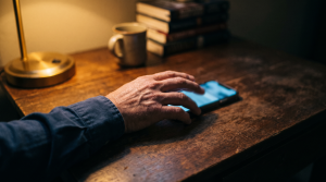 A hand reaching for a glowing smartphone on a dark wooden table at night, symbolizing someone reaching out for human trafficking help resources
