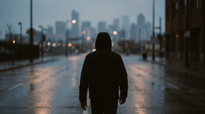Silhouette of a person walking alone down a quiet, dimly lit Denver street at dusk, symbolizing the hidden signs of human trafficking