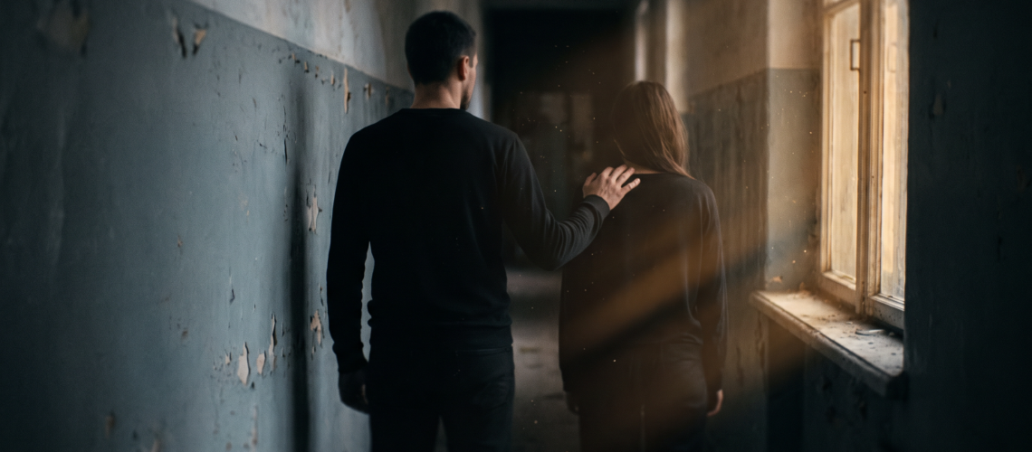 Two silhouetted figures walking down a dim hallway, one resting a hand on the other's shoulder, representing coercive control in human trafficking