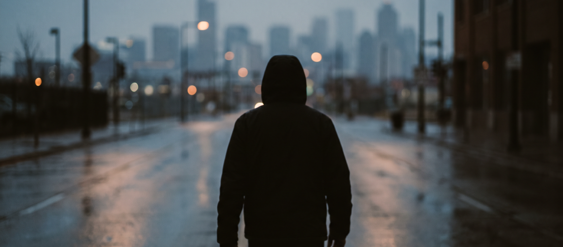 Silhouette of a person walking alone down a quiet, dimly lit Denver street at dusk, symbolizing the hidden signs of human trafficking